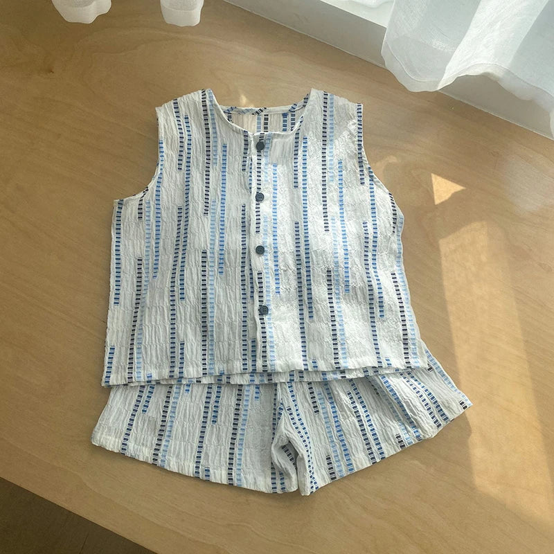Summer Children's Vest Set Girls Lace Top Suit Kids Embroidered Striped Tank Top and Shorts 2Pcs Boys Casual Suit Sibling Outfit