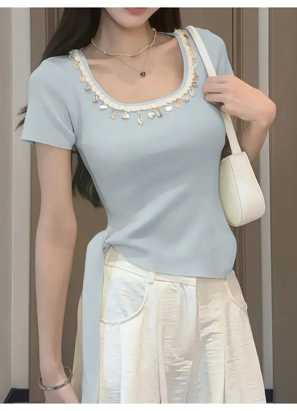 Short-sleeved Women's Top Bestseller 2025 New French Stylish Design Slimming and Flattering, Popular Online Clothing