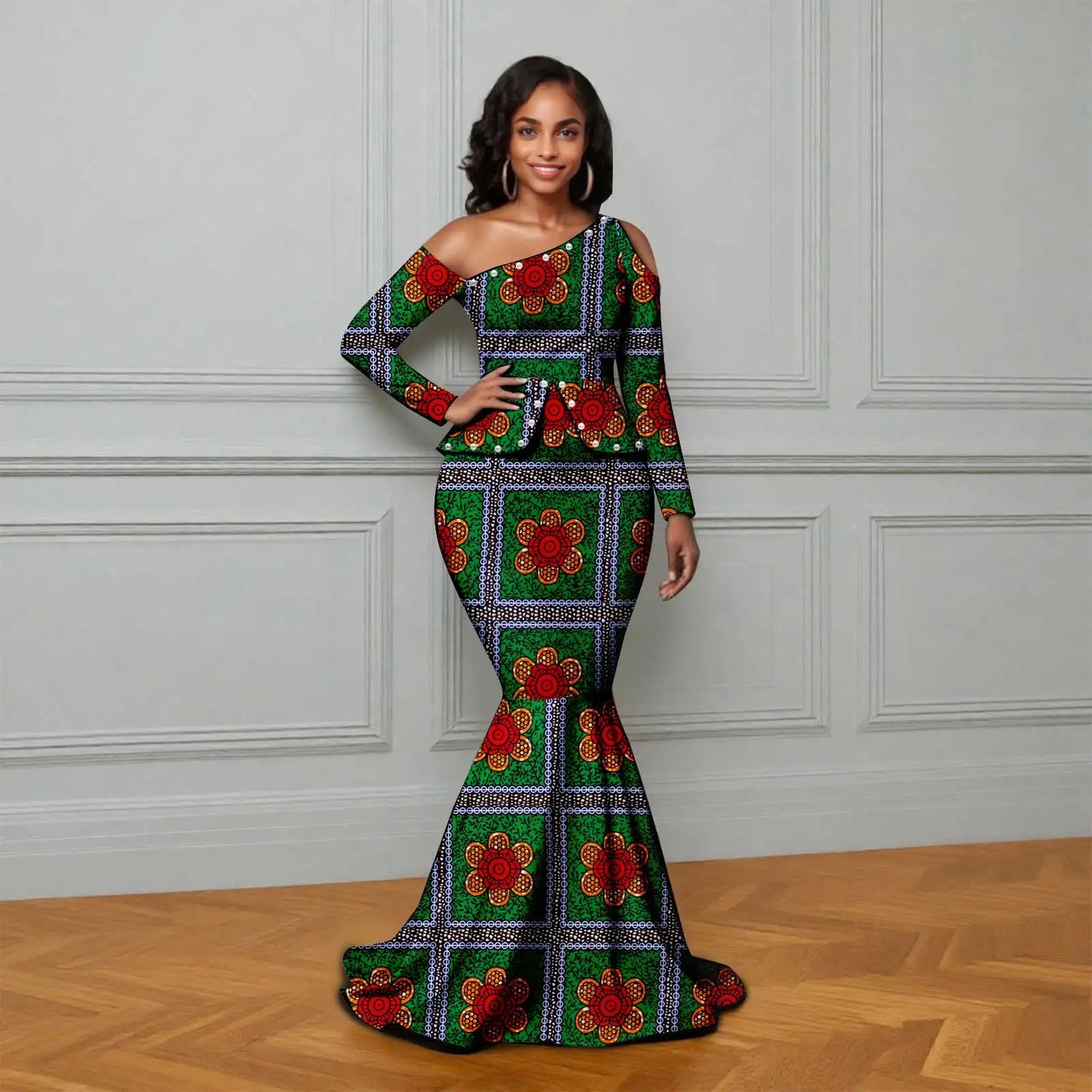 African Ankara Printed Fabric Women's Dress Skew Collar Long Sleeve Floor-Length Dress Elegant fashion 2625007