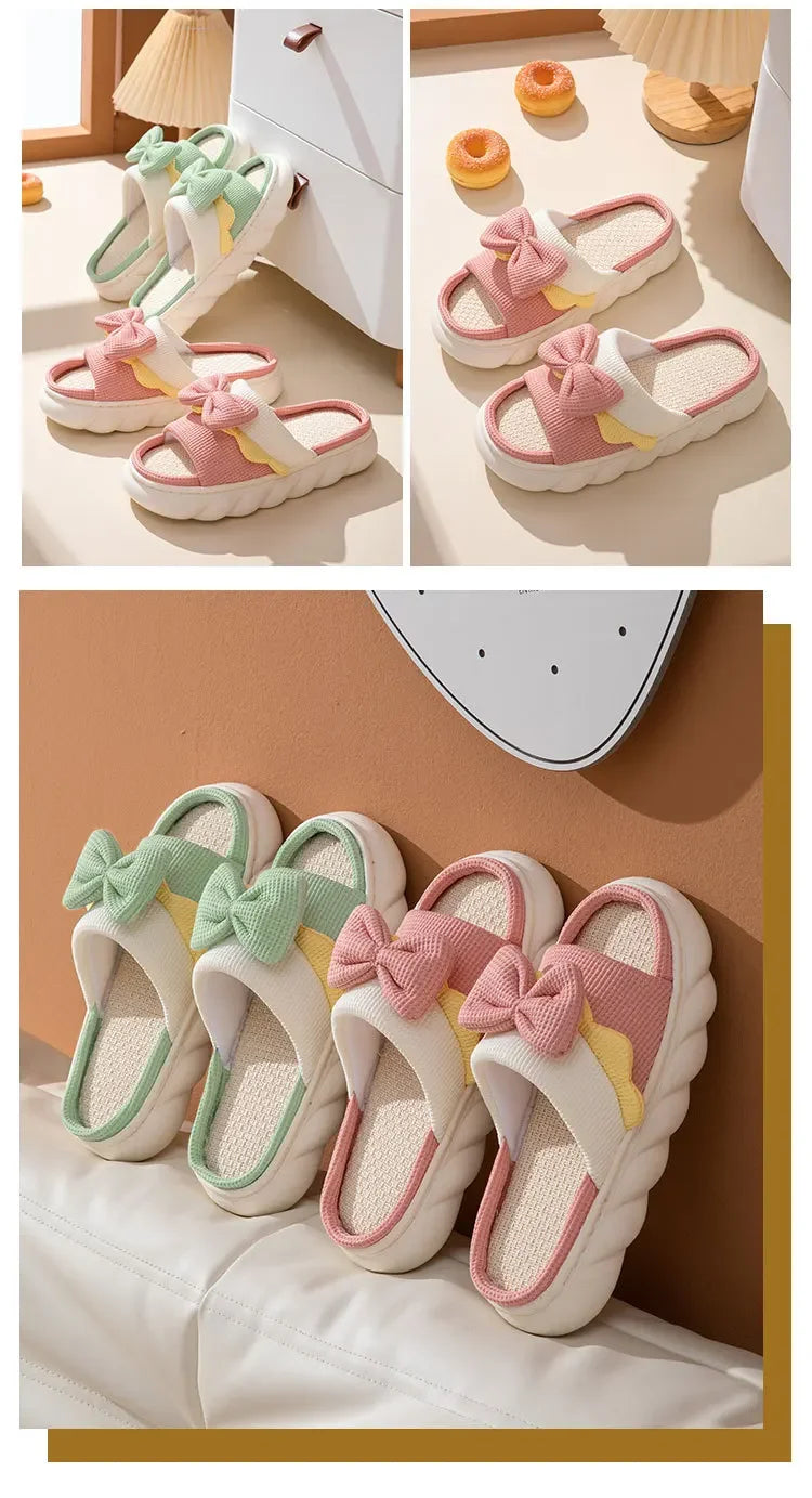 Linen Slippers Women Indoor Slippers Comzy Anti-Slip House Cotton Shoes  Cute Bowknot Flat Slipper Couples Slides Spring Summer