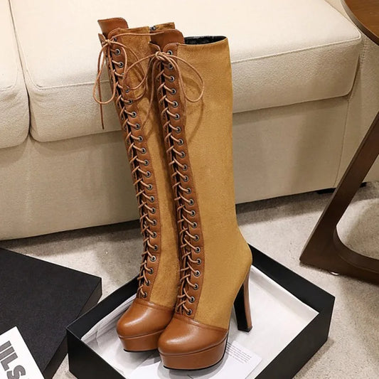 Vintage Lace Up Knee High Boots Women Winter Shoes Platform High Heels Women's High Boots Black Khaki Tall Long Shoes Large Size