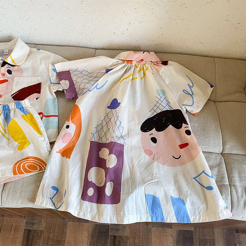 Loose Fit Summer Kids Clothes Set Girls Cute Graffiti Dress Boys Short Sleeved Shirt Children Thin Brother Sisters Outwear Suit