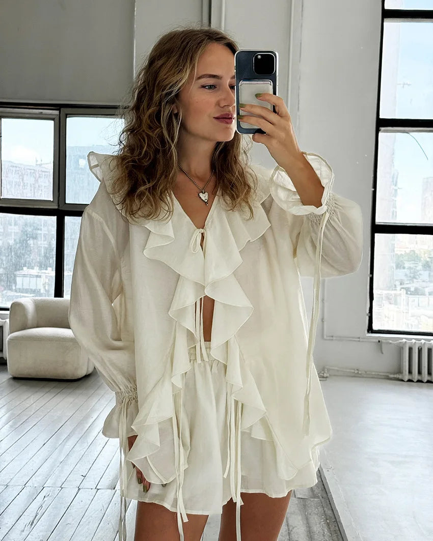 Tornova Women's Ruffled Shorts Sets V Neck Loose Lace Up Shirt Loose Through Sexy Casual Shorts Female Spring New Matching Sets