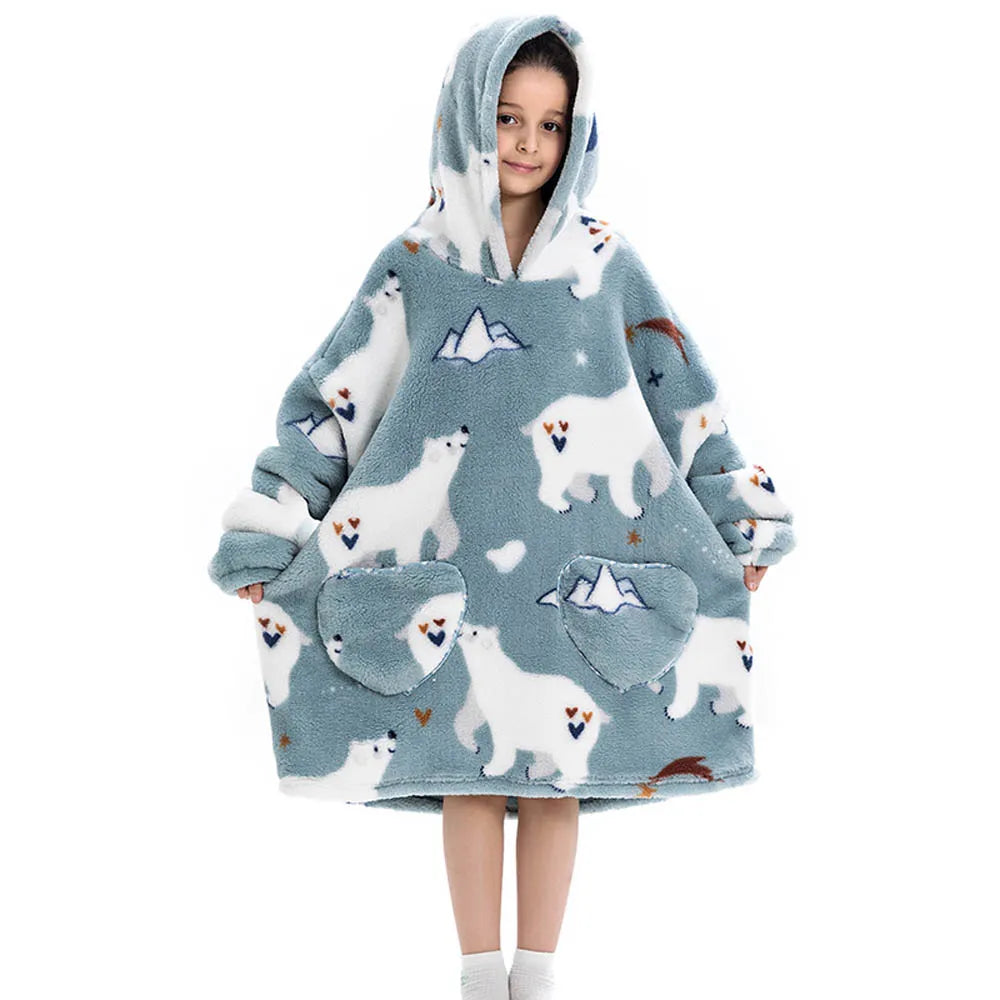 Girls Winter Clothes Flannel Thick Hoodies Super Warm Children's Sweaters Kids Hooded Loose Clothing Homewear Wearable Blankets