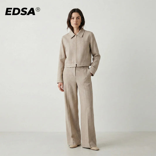 EDSA Women Khaki Herringbone Pants Set Cropped Jacket Long Sleeves Side Zip Low-rise Straight Leg Long Trousers Female Suits