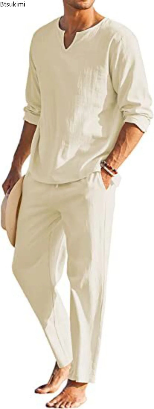 Casual Cotton Linen 2-piece Sets for Men 2026 Fashion Solid V Neck Long Sleeve Tops and Pants Men's Beach Style Summer Clothing