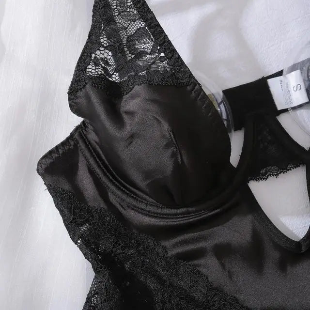 Sexy Deep-v Neck Satin Dress Sexy Lingerie Set For Women Lace Patchwork Split Sissy Night Dress Exotic Slip Dress Silk Nightwear