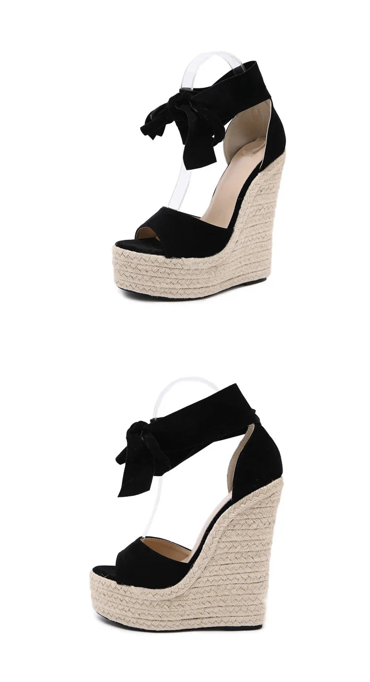 EilyKen Summer Butterfly-Knot Open Toe Women Sandals Fashion Solid Platform High Heel Wedge Shoes Ankle Lace-up Pumps