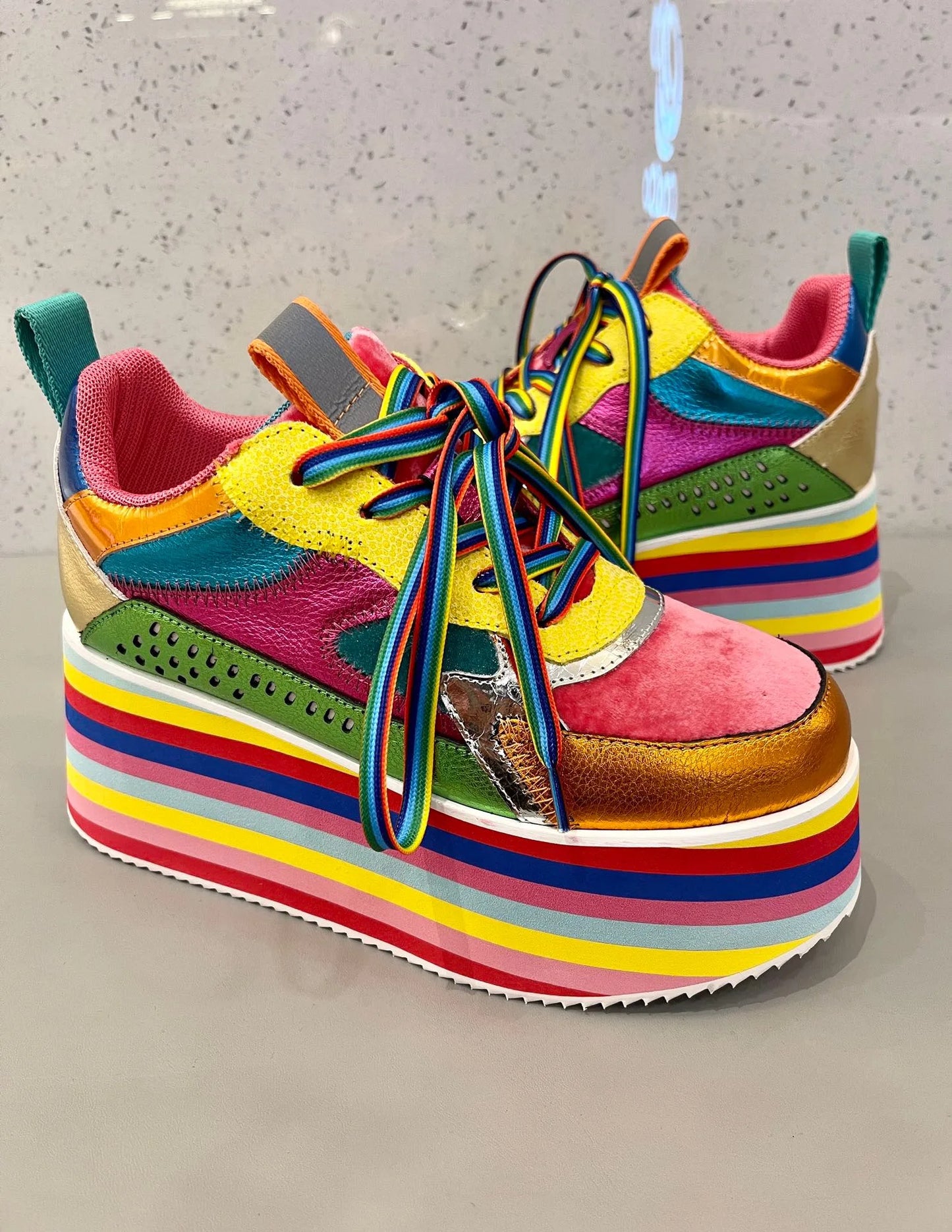 Spring Autumn Women Colourful Sneakers High Platform Shoes Heels Chunky Casual Dad Shoe Genuine Leather Thick Bottom Fashion New