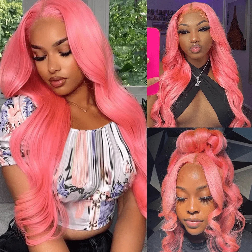 13x6 Pink Body Wave Lace Front Wigs For Women Long Wavy Hair Wig Soft Lace Wig With Natural Hairline Human Hair Party Cosplay