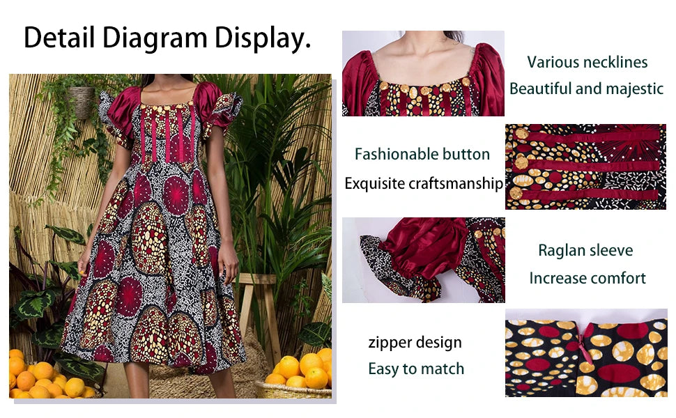 African Style Dresses for Women Puff Sleeve High Waist Gowns Ankara African Dress Princess Dress Robe Africaine Femme WY9970