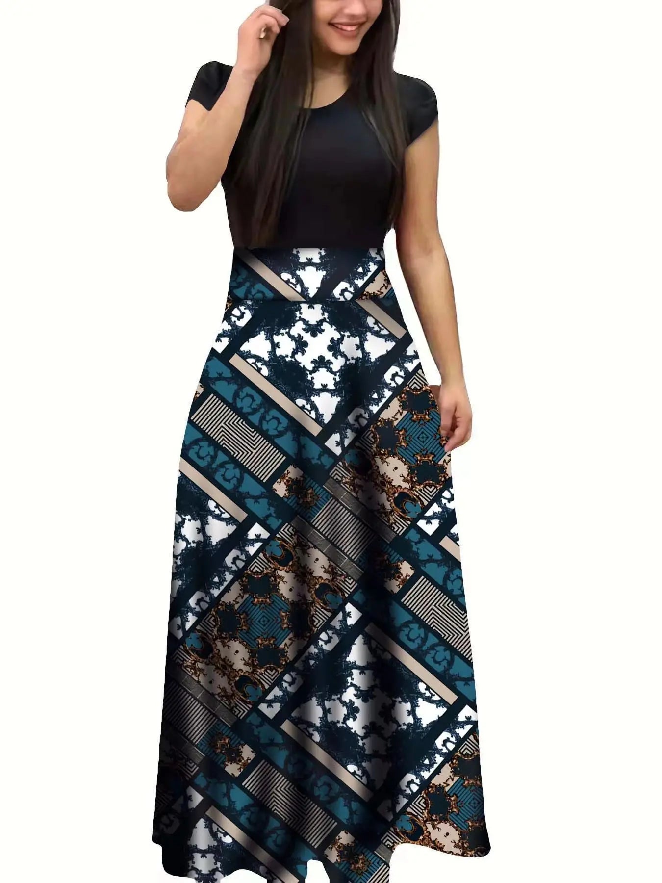 2024 European and American style flower print color matching short sleeved dress for women's large swing skirt BAZAARHUBO