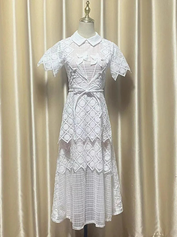 QMQA Fashion Women's Evening Dress Lapel Short Sleeve Lace Patchwork 3D Flower Lace-up Elegant Dresses Spring 2025 New QM269