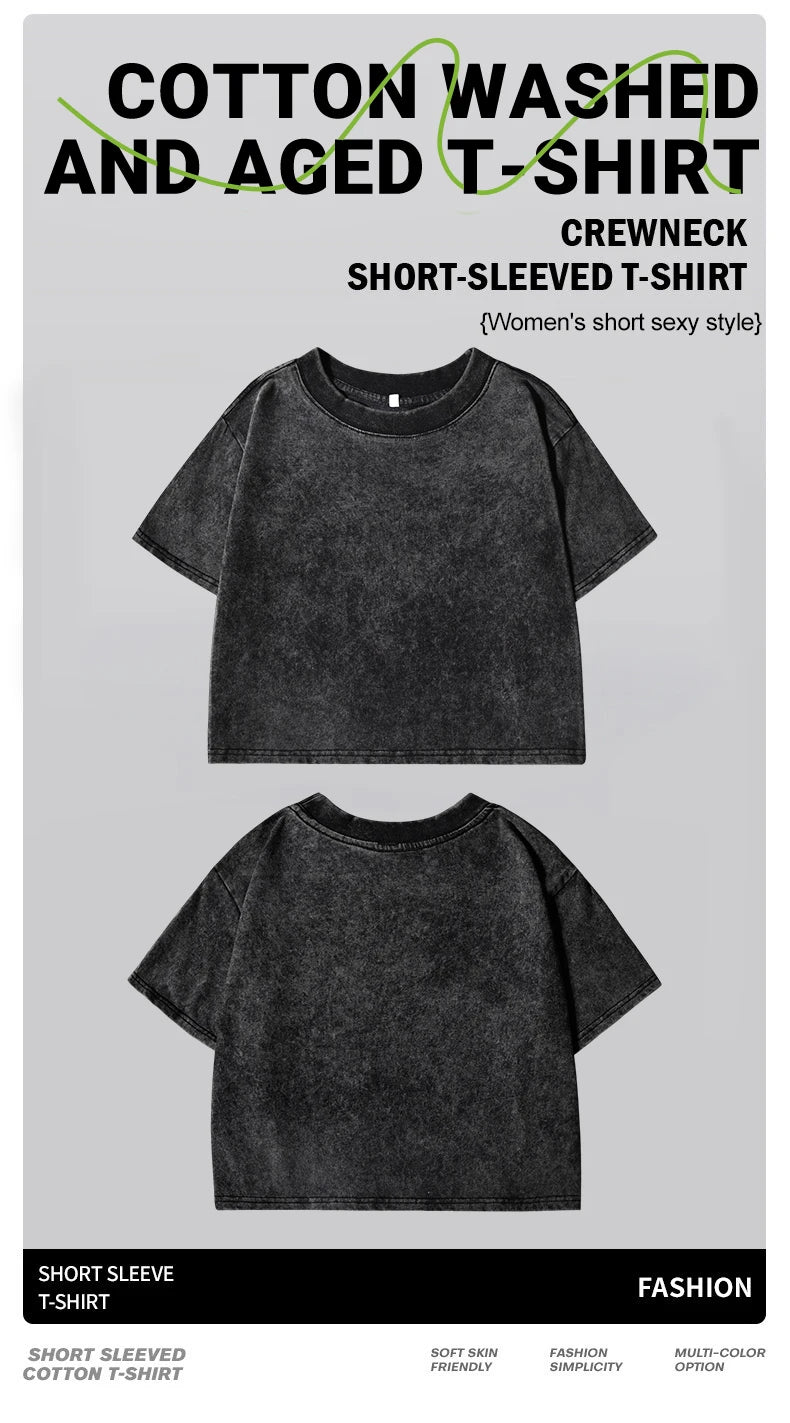80 S Girl Colorfulprinting Female Washed Short Tshirt Breathable Summer T Shirt Casual Fashion Midriff-Baring Distress Tops