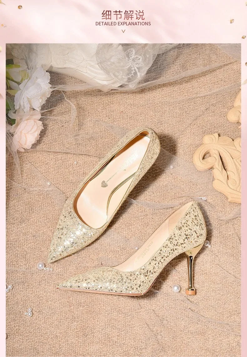 2025 New Women Pumps High Heel Metal Pointed Toe Shallow Sexy Ladies Bling Bridal Wedding Women Shoes White High Heels