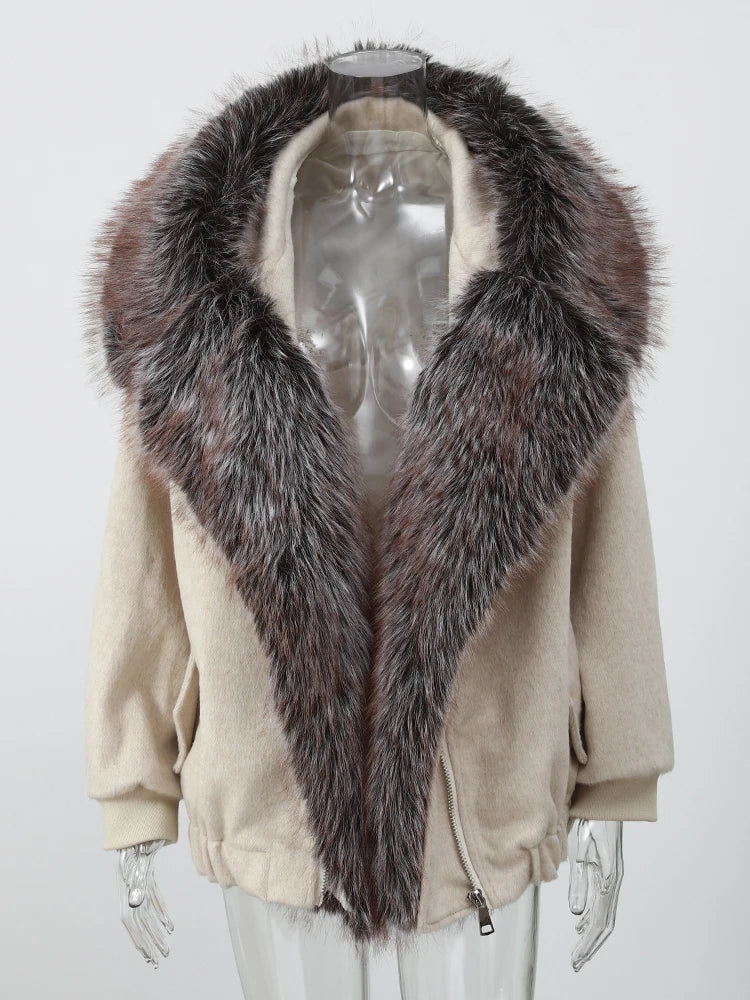 Chic Faux Fur Collar Patchwork Woolen Coat Women Casual Lapel Full Sleeve Zipper Loose Warm Coats Lady Commute Office Outerwears