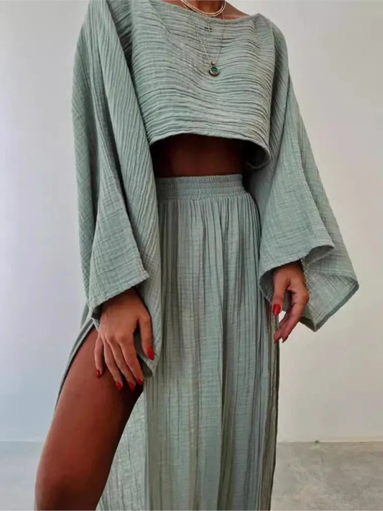 Casual Holiday Style Simple Solid Color Skirt Set Linen Blended Short Top High Waist Chic Split Cotton Linen Two-piece Set