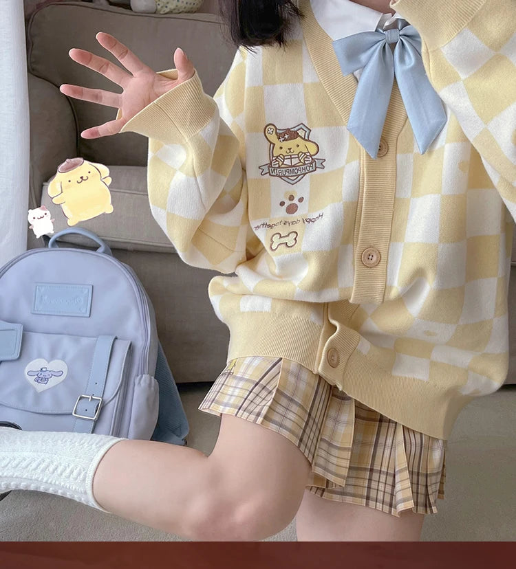 Anime Sanrioed Pompompurin Girls Cardigan Sweater Kawaii Kuromi Cinnamoroll Spring Autumn Knit Coat Loose Sweet Embroidery Tops
