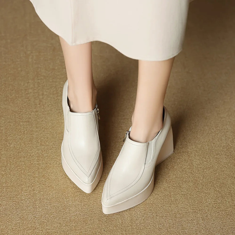 Aucegi New Spring Autumn Women Genuine Leather Pumps Classic Style Pointed Toe Platform Chunky Heel Retro Zipper Handmade Shoes