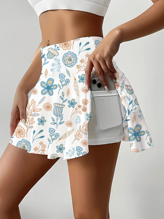 Women's Floral Print Mini Skirt with Shorts Elastic Waist Summer Knit Fabric Playful Pattern White Polyester Skirt with Pocket