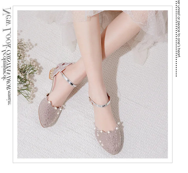 Princess Kids Leather Shoes Girls Sandal Sweet Pearl Casual Glitter Children High Heels Girls Party Dance Shoes Pink Gold Silver