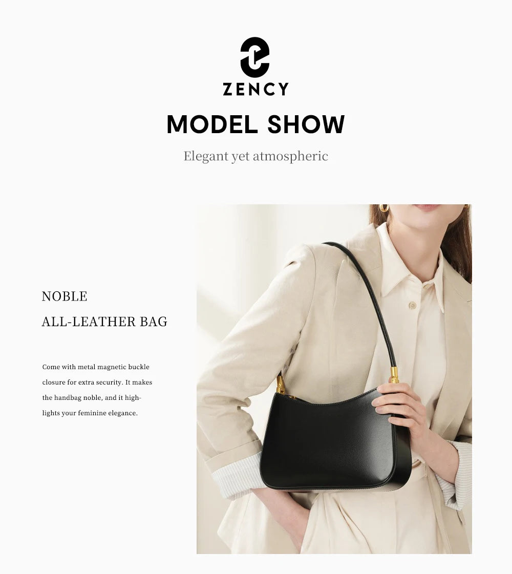 Zency Premium Cow Leather Fashion Shoulder Handbag for Women Trendy 2025 Luxury Designer Underarm Bag
