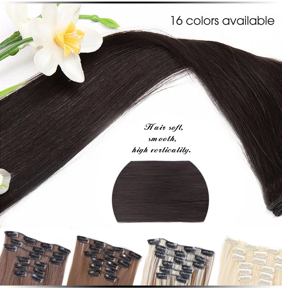 22 Inches Synthetic Long Straight Hairstyle 16 Clips 6Pcs/Set Hair Extensions Blonde Black Hairpieces Heat Resistant For Women