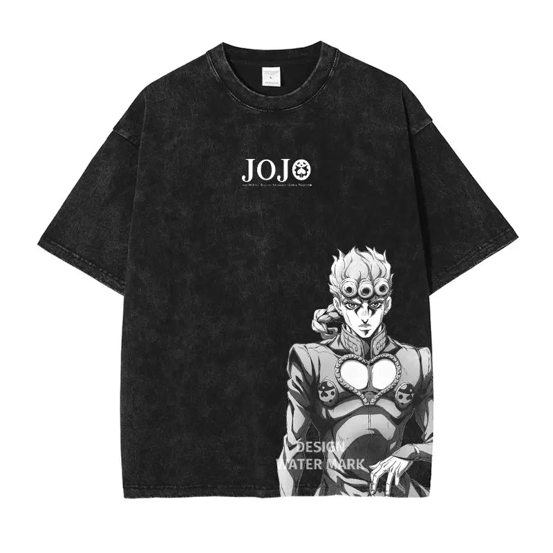 Anime JoJo's Bizarre Adventure Jonathan Joestar Gyro Print Tee Men Vintage Washed Tshirts Manga Cotton T-shirt Harajuku T Shirt