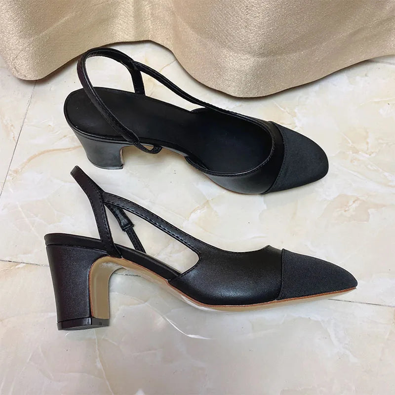 2023Spring Autumn Fashion High Heels Sandals Women's Dress Square Toe Slingback Shoes Women's Color Block Back With Flat Sandals
