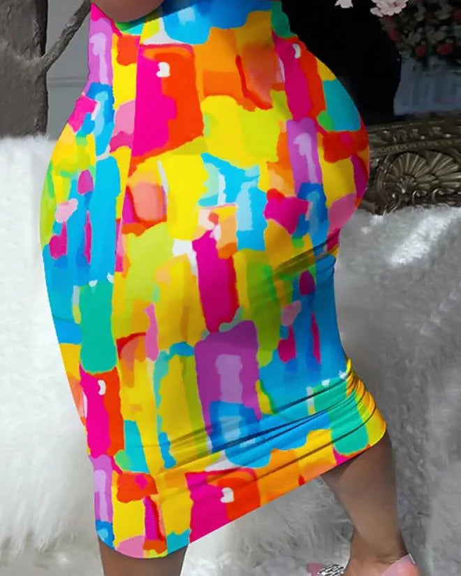Color Print Slim Skirts Two Piece Set Women Fashion Bodycon Short T Shirt High Waist Package Hip Skirt 2 Piece Sets Streetwear