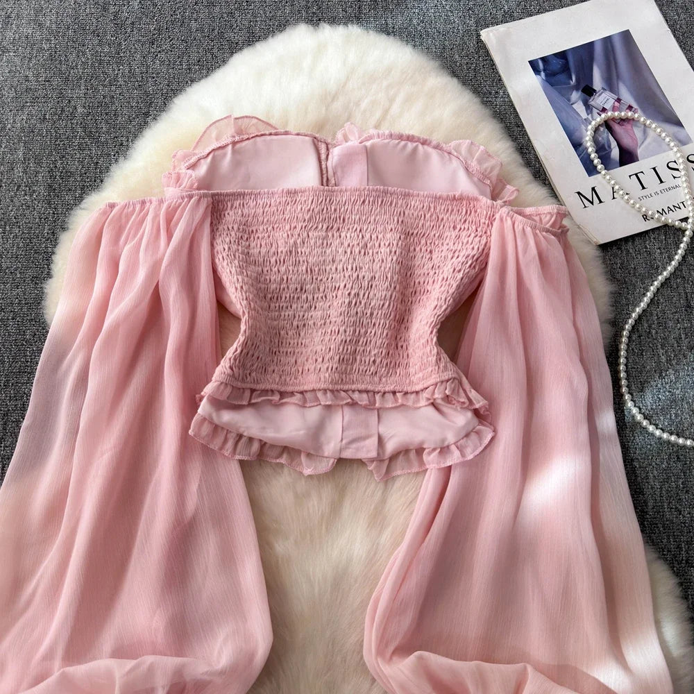Chiffon Blouse for Women Slash Neck Off Shoulder Solid Color Camisas Ruffles Folds Backless Summer Blusas De Mujer Chic Dropship