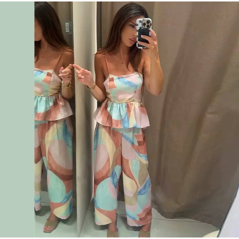 Pastel Print Cami Top Wide Leg Pants Set Ruffle Hem Sleeveless 2026 Summer Vacation Women Co-ord Set Chic Causal Lady Outfit