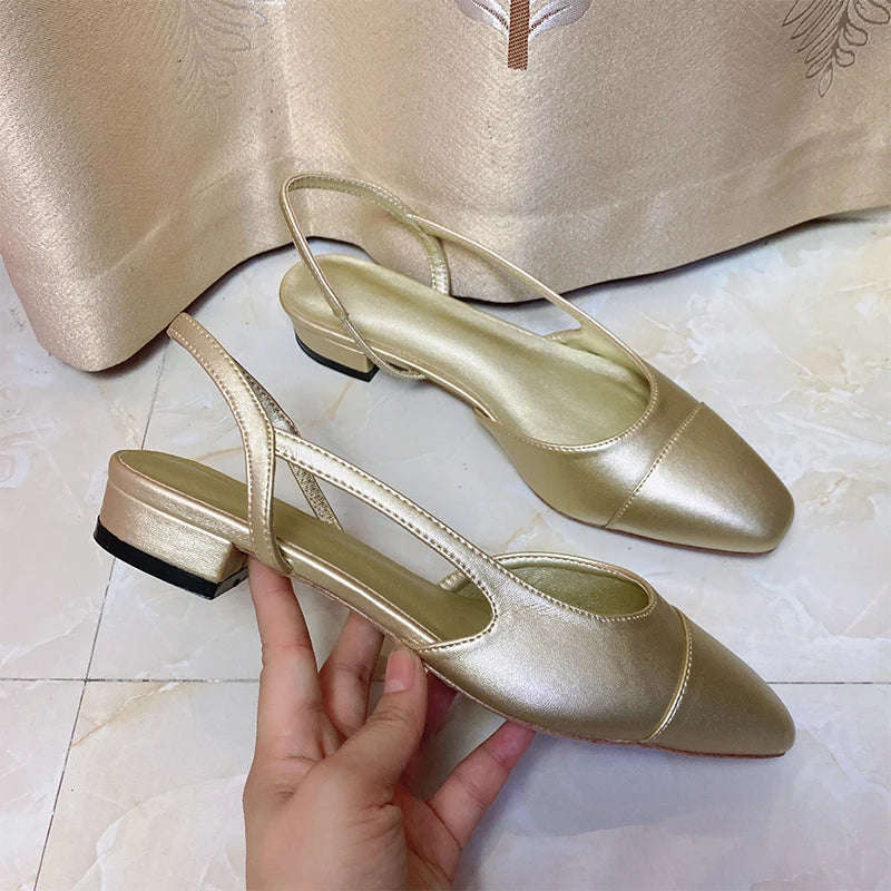 2023Spring Autumn Fashion High Heels Sandals Women's Dress Square Toe Slingback Shoes Women's Color Block Back With Flat Sandals