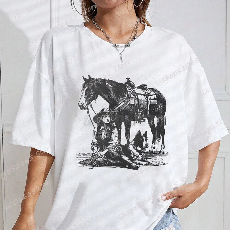 Cowgirls Horse Dog Print T-shirts For Women Summer Short Sleeve Round Collar Tee Shirt Ladies Retro Overszied Tees Tops
