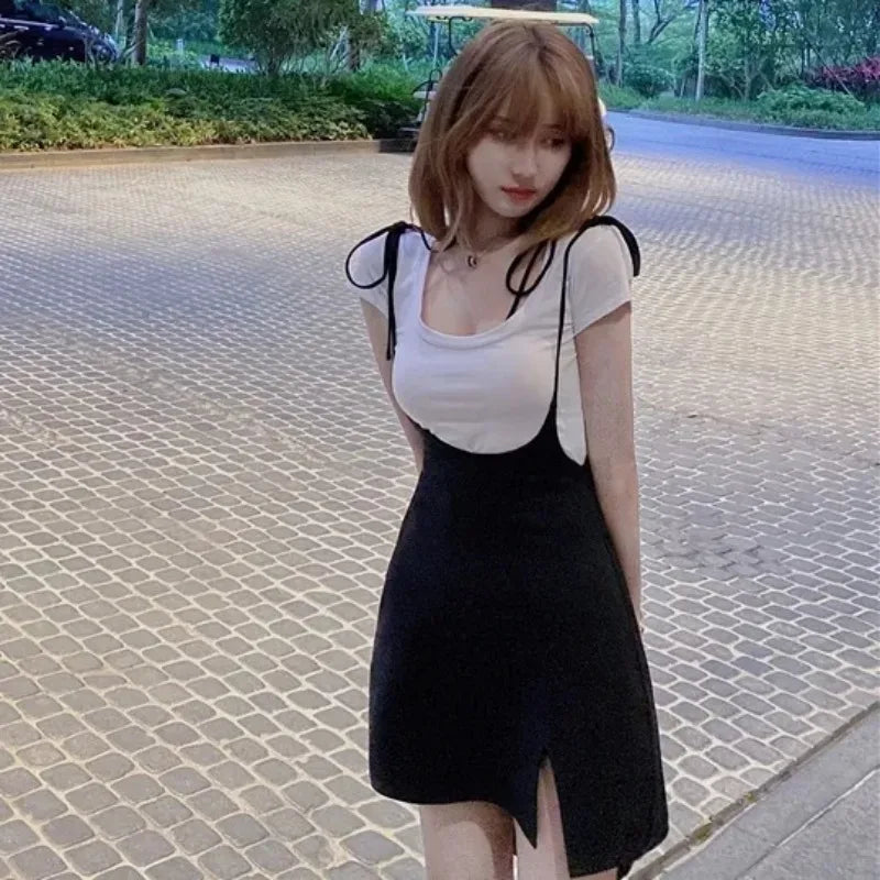 Women's 2-Piece Dress Set - Slim Fit Short Sleeve Top with Suspender Mini Skirt