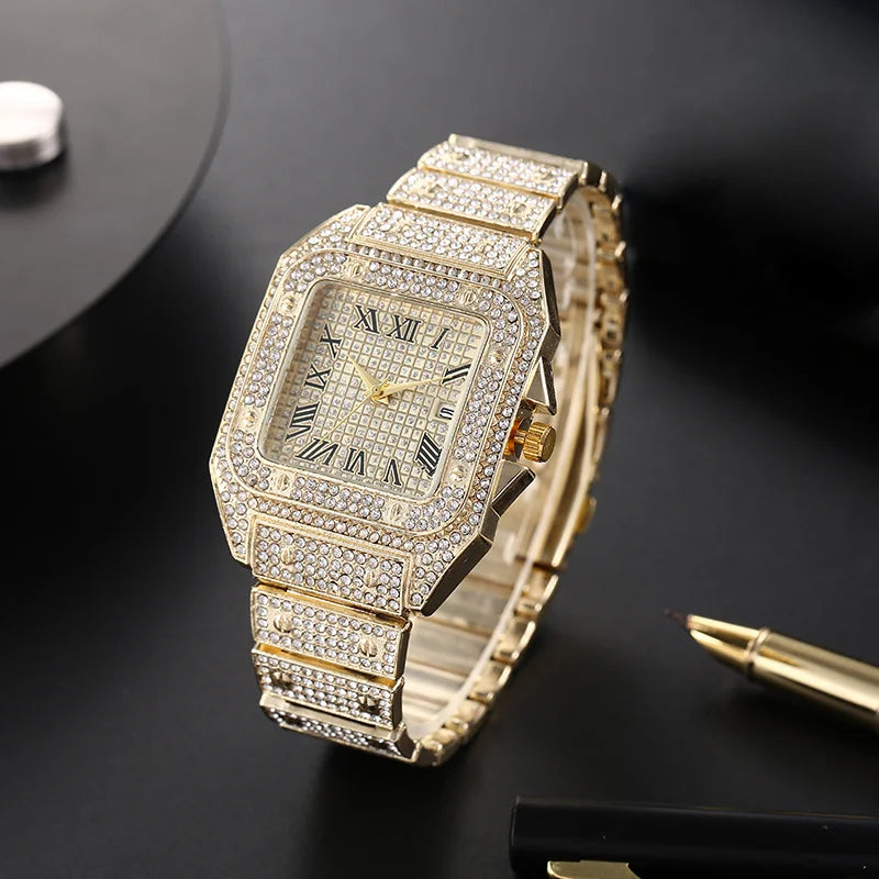 Luxury Men's Business Watches Steel Strap Square Roman Scale Rhinestone Quartz Watch Lesiure Male Wristwatch Relogio Masculino
