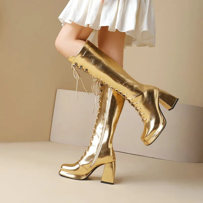 Big Size 45 46 Women Shoes Winter Fall Warm Lace-up Chunky High Heels Metallic Gold Silver Knee-high Riding Platform Goth Boots