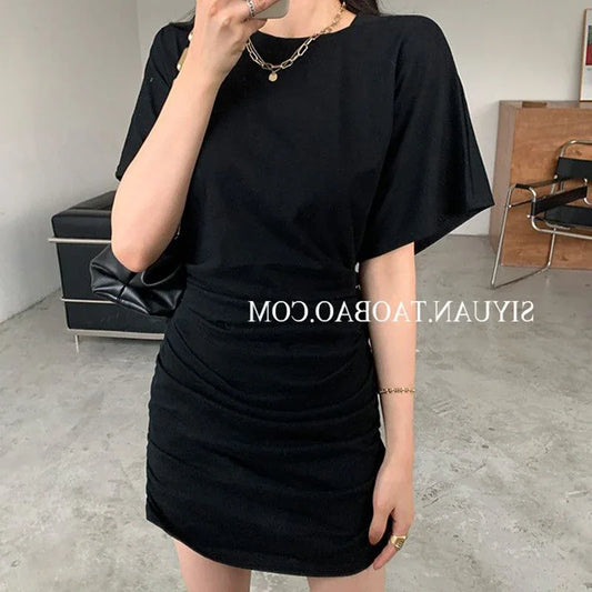2025 Summer Lady Concise Fashion Ruched Wrap Hip Dress Women Solid Color Thin Short Skirts Female Chic Korean Sexy Party Dress