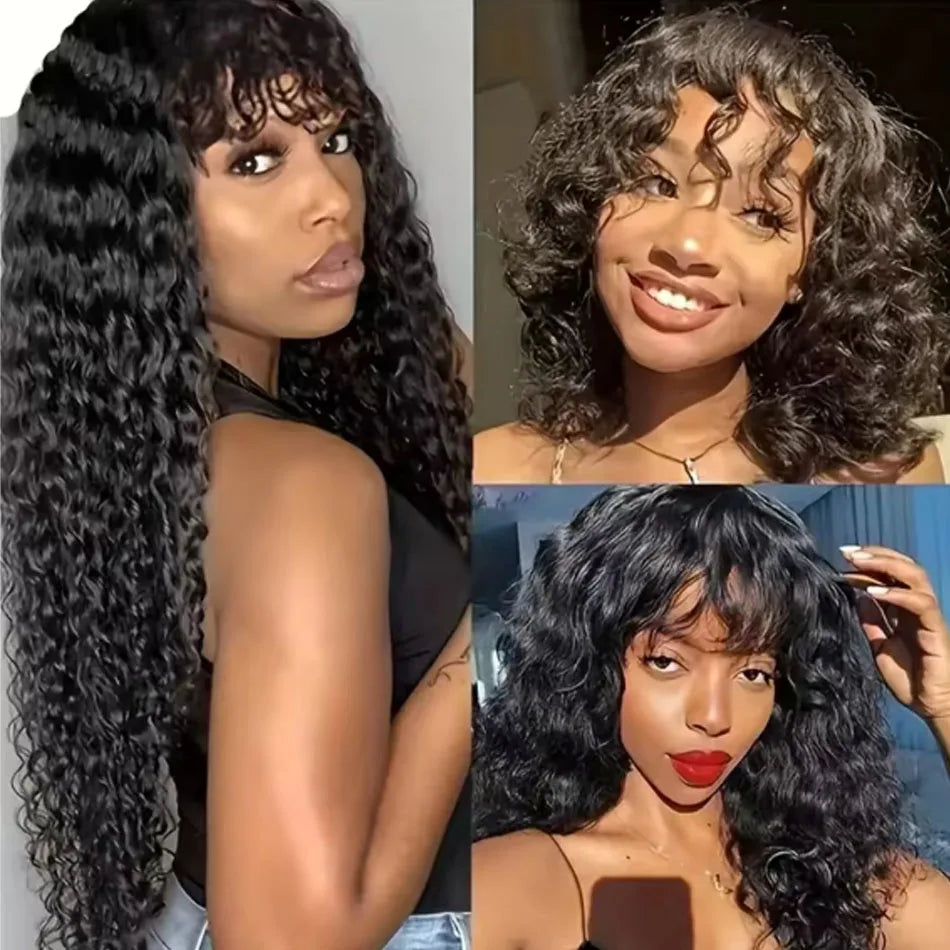 Water Wave Brazilian Human Hair Wig With Bangs Wear And Go Full Machine Made Wigs for Black Women Deep Wave Curly Wigs Glueless