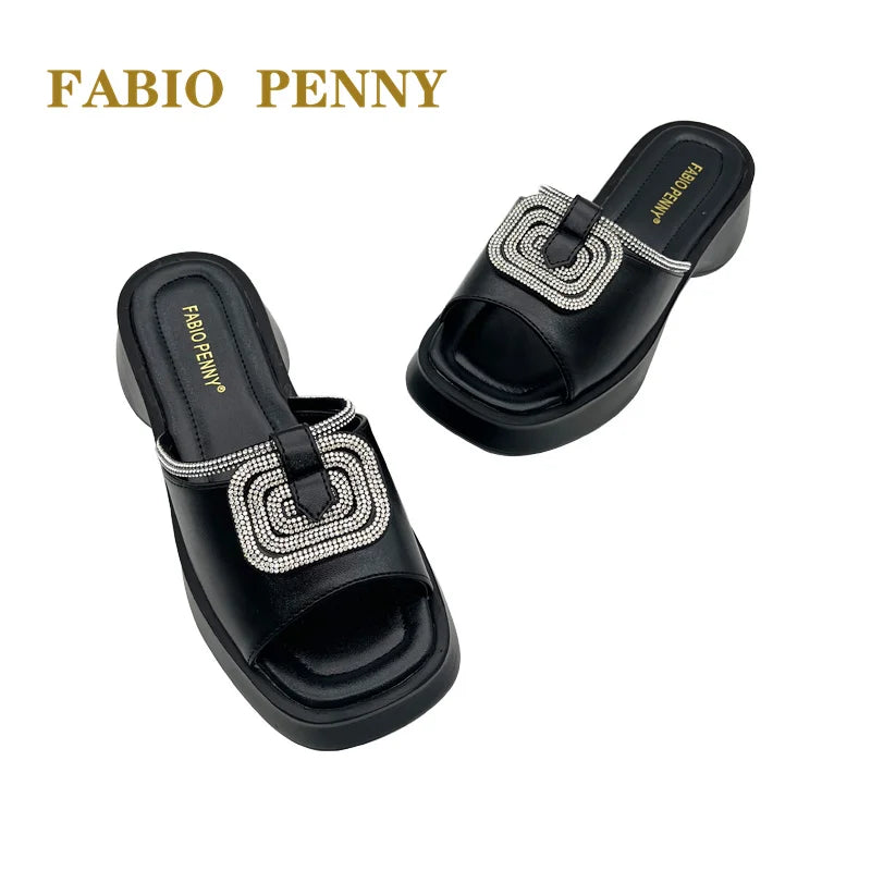 FABIO PENNY2026 new solid-color exquisite water diamond design thick-soled women's fashionable slippers and party sandals