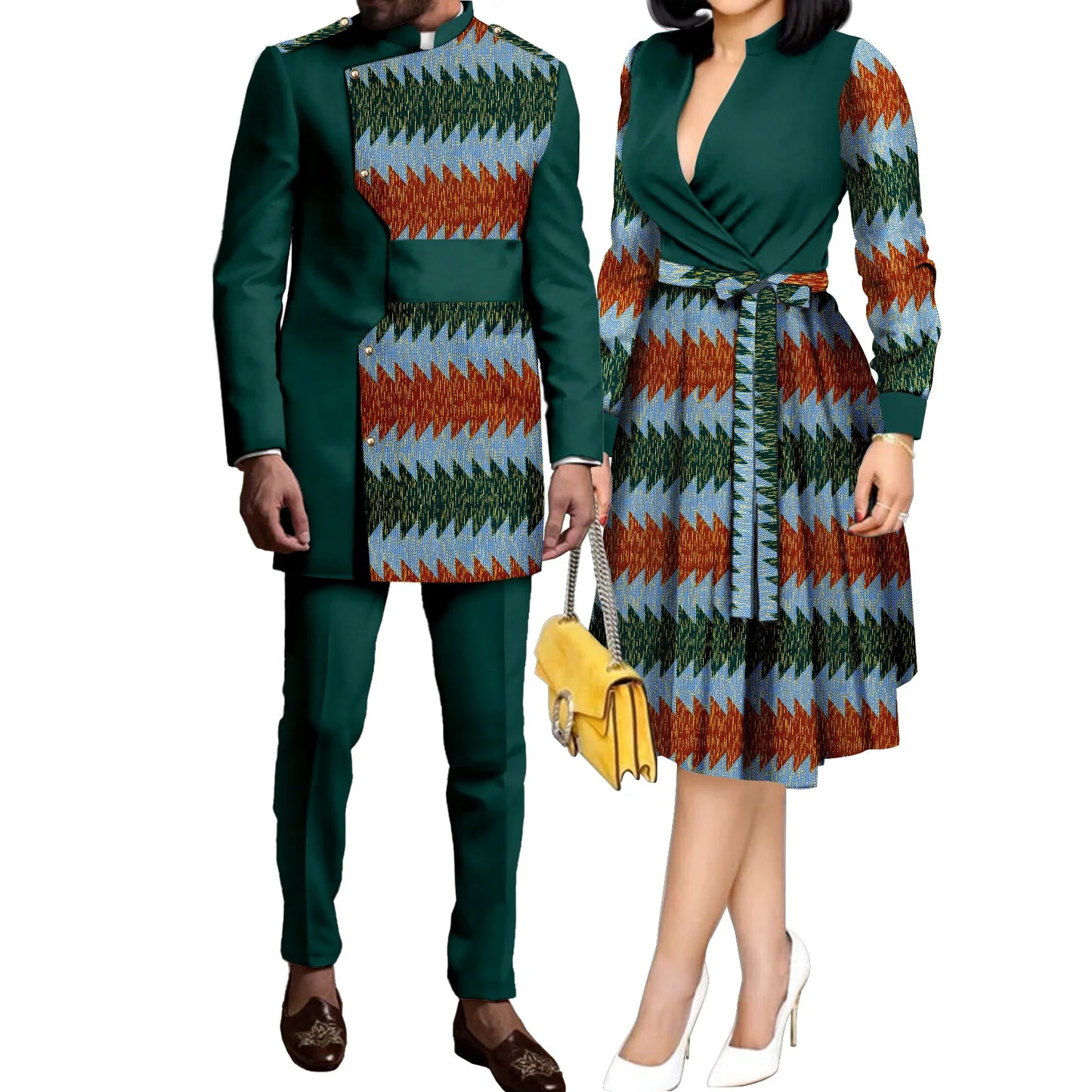 SEA&ALP African Kente Prints Couple Clothes for Wedding Dashiki African Men Long Sleeved Pants Set Matching Women Dresses