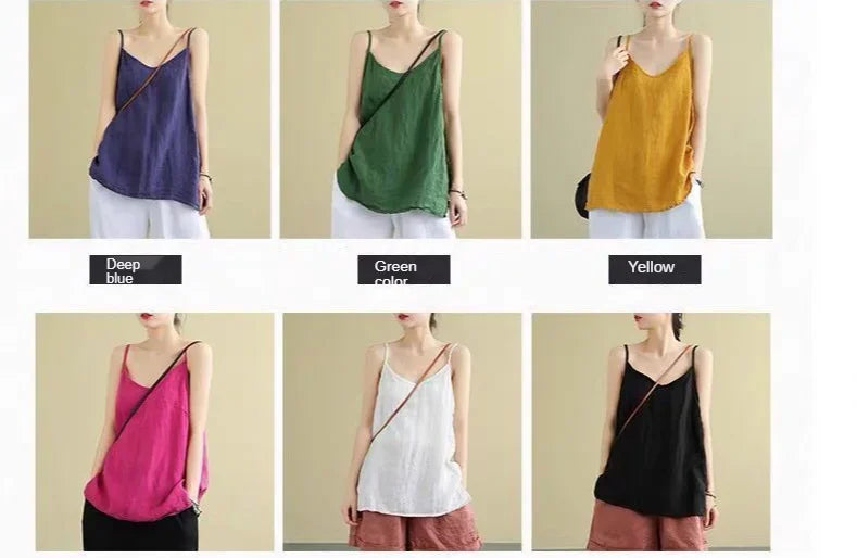 Women's Summer Top Cotton Linen Spaghetti Strap Top Women Halter V Neck Basic Yellow Sleeveless Tank Tops Loose Casual Camis