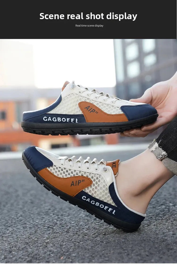 Men's Summer New Large Size Comfortable Half Support Fashionable Korean Style Breathable Popular Casual Shoes Mesh Lining