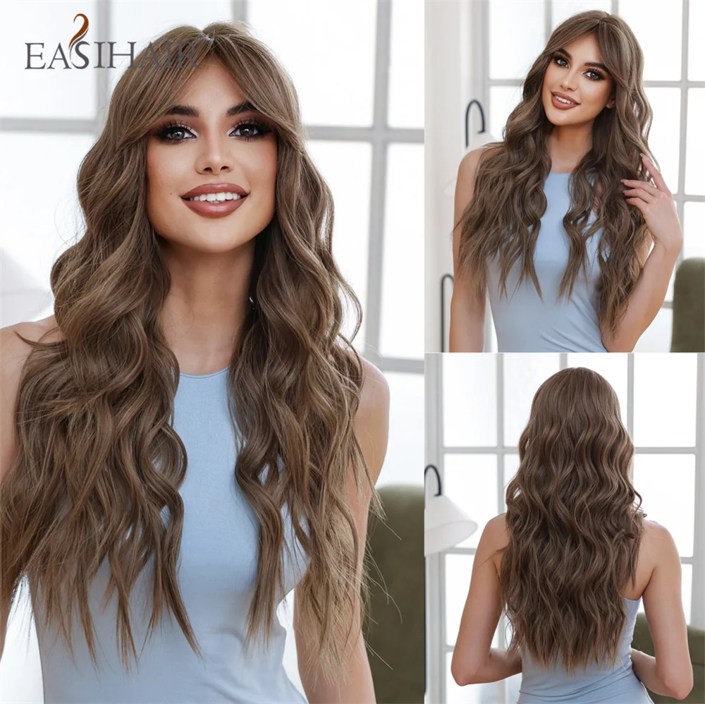 EASIHAIR Dark Brown Long Curly Synthetic Wig with Bangs Brown Women's Wigs for Cosplay Daily Use Heat Resistant Natural Hair