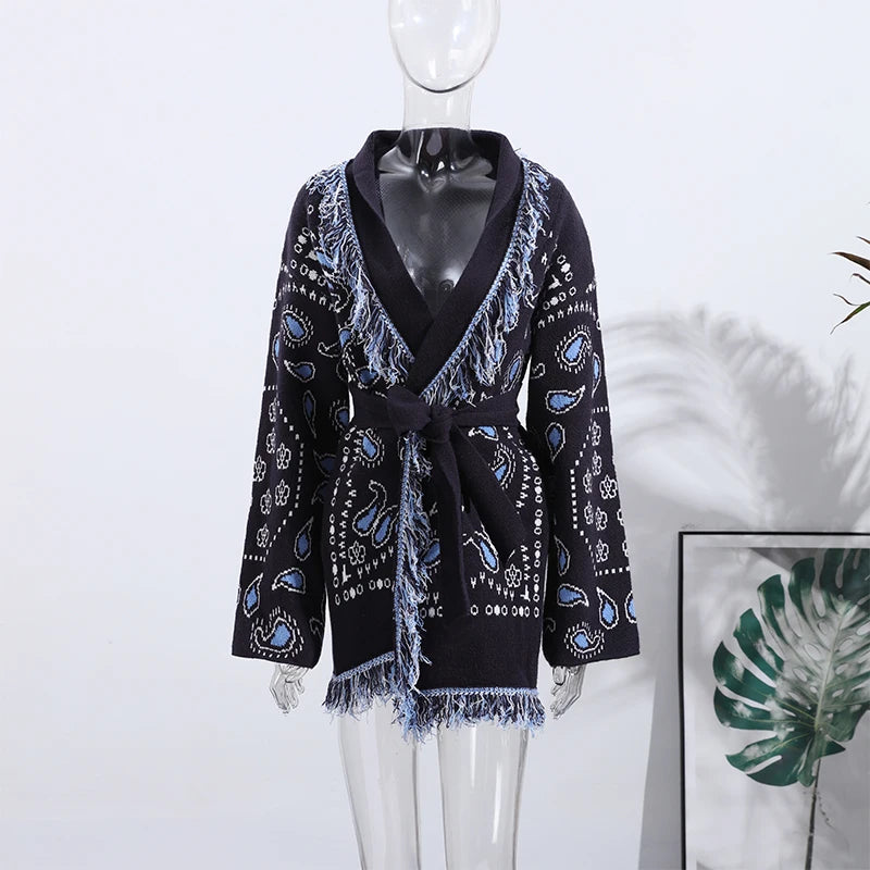 Elegant Print Tassel Cardigan Women Belt V-neck Long Sleeve Loose Knitted Sweaters Female 2025 Autumn Winter Chic Knitwears Lady