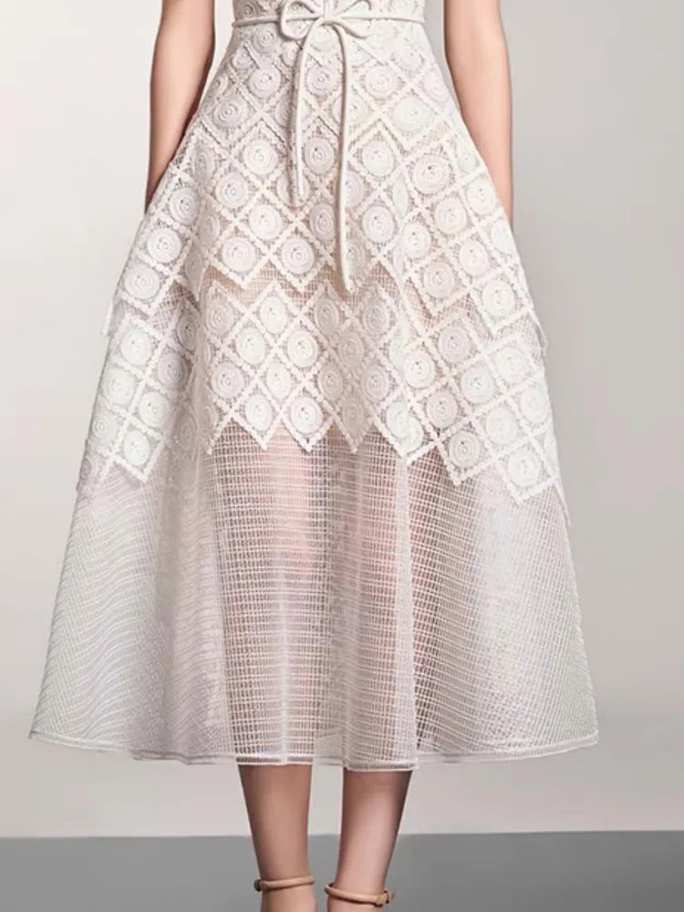 QMQA Fashion Women's Evening Dress Lapel Short Sleeve Lace Patchwork 3D Flower Lace-up Elegant Dresses Spring 2025 New QM269