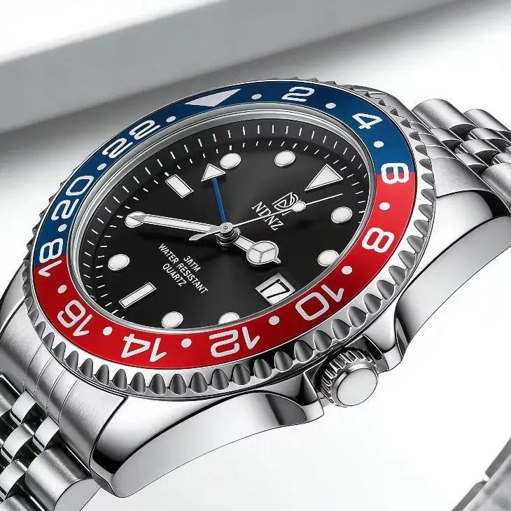 Men's GMT Style Quartz Watch, 3ATM Waterproof Stainless Steel Band, Black Blue Bezel Luminous Wristwatch with Date Display