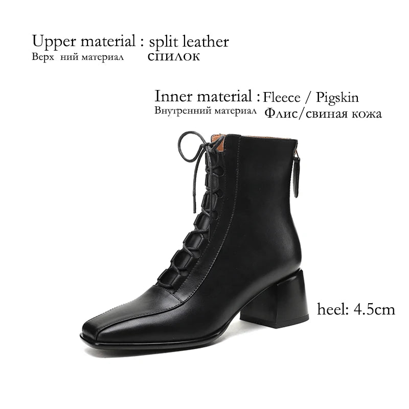 2026 Fashion Women Shoes Split Leather Short Boots Square Toe Chunky Boots Winter Shoes Women Solid High Heel Boots for Women