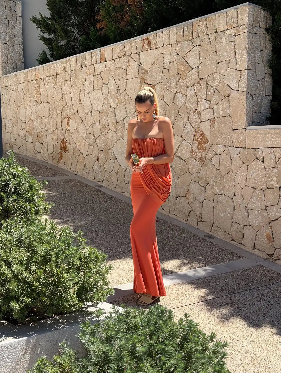 Resort Strapless Draped Mermaid Maxi Dress Cascading Diagonal Draped Bodycon Floor-length Robe Fashion Editorial Shooting Robes