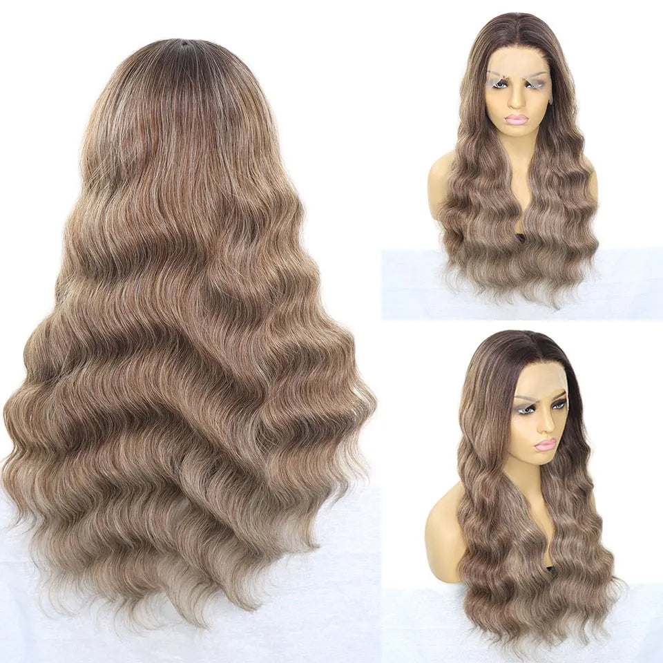 Loose Wave Ash Blonde Wig Dark Roots Synthetic Lace Front Wigs 13x4 Colored Grey Transparent Lace Curly Wig For Women Daily Use